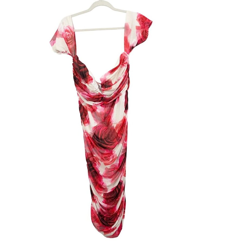 ASOS DESIGN Curve‎ V-Wire Bardot Ruched Mesh Midi Dress Rose Floral - Size 16